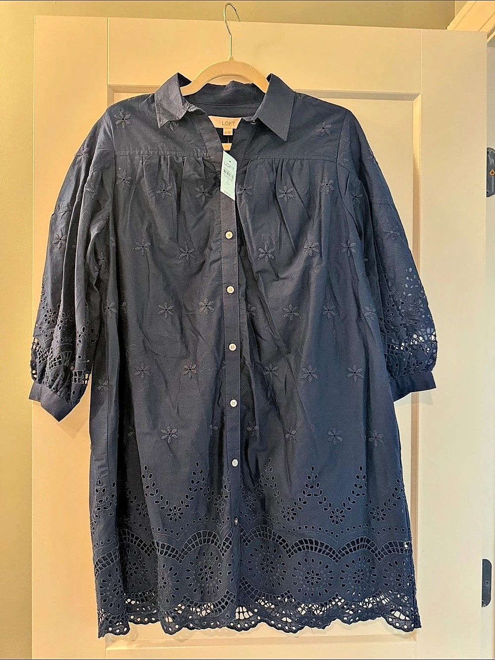 LOFT Scalloped Eyelet Midi Pocket Shirtdress Blue Small Petite